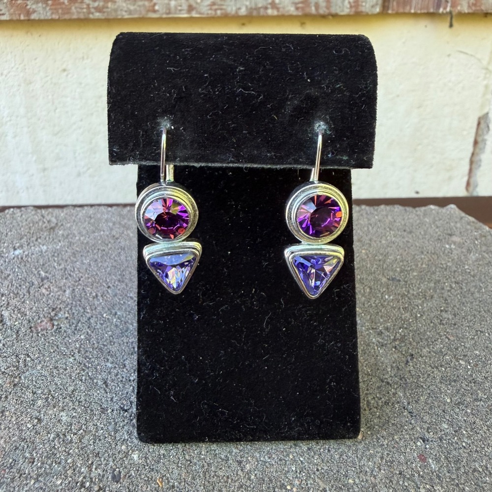 Joan Candice Purple Crystal Dangle Earrings Amethyst Trillion Round Leverback